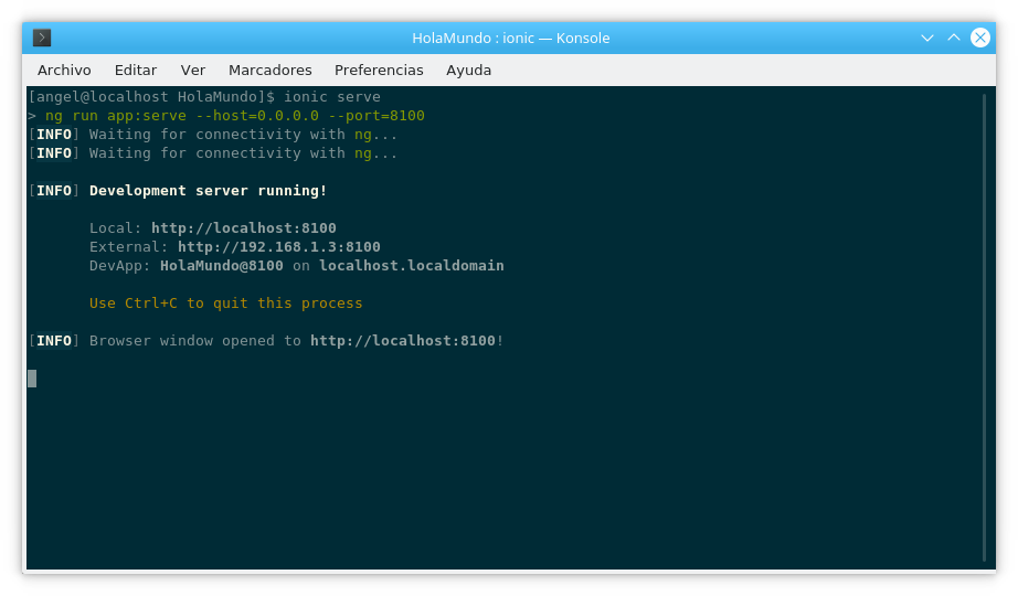 Ejecutando ionic serve