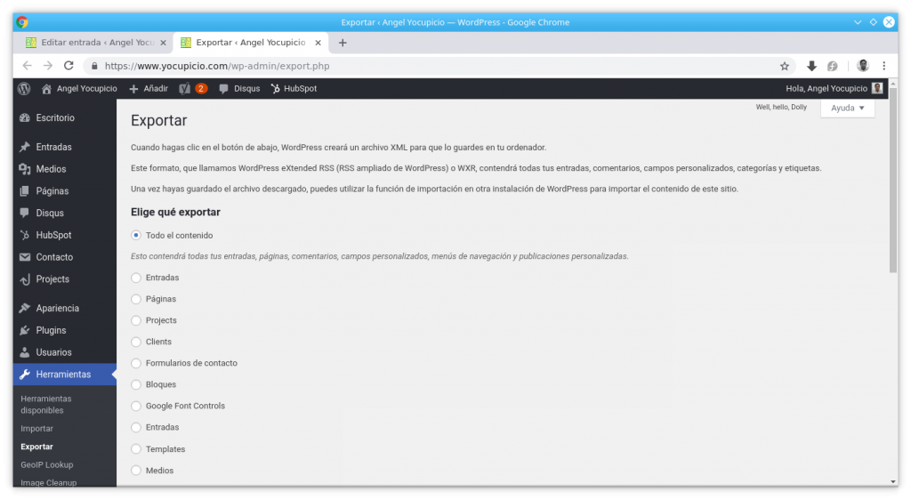 Herramienta de Exportación en WordPress