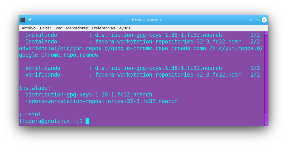 Resultado que verás en tu terminal de Fedora 32