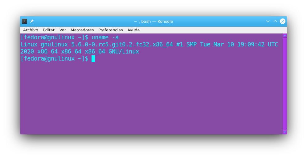 Comando uname -a en Fedora 32