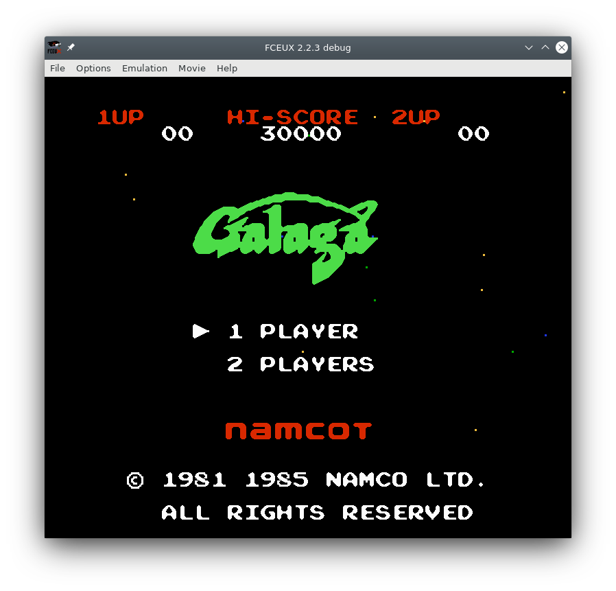 Galaga emulado por fceux en Fedora 32