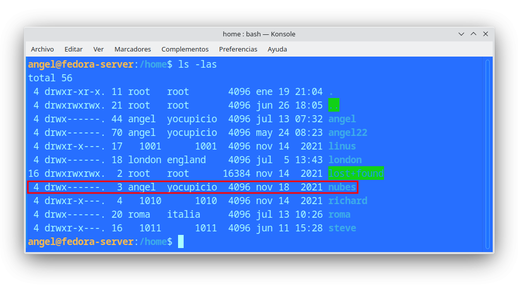 Los permisos en linux nulos de la carpeta "nubes"