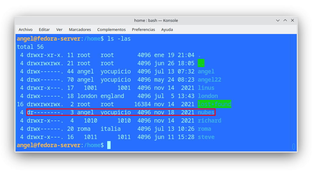 Los permisos en linux con solo de lectura en la carpeta "nubes"