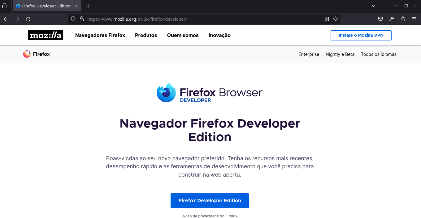 Firefox Developer Edition depois de instalar o fedora 39.